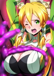 Rule 34 | 1girl, absurdres, armor, arms up, blonde hair, blush, braid, breasts, censored, cleavage, crying, crying with eyes open, d;, detached sleeves, green eyes, hair between eyes, hair ornament, hair tubes, highres, imminent rape, island (kossori), large breasts, leafa, leafa (terraria), long hair, monster, mosaic censoring, multiple penises, one eye closed, open mouth, penis, penis tentacle, ponytail, restrained, side braids, solo, sweat, sweatdrop, sword art online, sword art online: alicization, teardrop, tears, tentacles, twin braids, very long hair