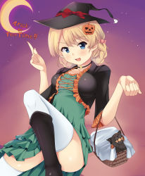 Rule 34 | 10s, 1girl, alternate costume, bad id, bad pixiv id, basket, blonde hair, blue eyes, breasts, cat, choker, crescent moon, darjeeling (girls und panzer), dress, girls und panzer, hair ornament, halloween, hat, highres, jack-o&#039;-lantern, leg up, looking at viewer, moon, nksk, open mouth, short hair, solo, thighhighs, trick or treat, white thighhighs, witch hat