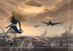 Rule 34 | 1girl, aircraft, airplane, blonde hair, blue jacket, cloud, cloudy sky, dated, from behind, highres, holding, holding sword, holding weapon, jacket, long hair, ocean, richelieu (warship girls r), shoes, shorts, sky, smoke, solo, standing, sunlight, sword, warship girls r, water, waves, weapon, white footwear, white legwear, white shorts, yesheng yaomeng
