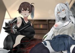 2girls absurdres abyssal_ship aircraft_carrier_princess aircraft_carrier_princess_(cosplay) black_dress black_thighhighs blue_hakama breasts brown_eyes brown_hair colored_skin cosplay costume_switch dress endou_(zettai_bluenoid) gauntlets hair_between_eyes hakama hakama_short_skirt hakama_skirt highres indoors japanese_clothes kaga_(kancolle) kaga_(kancolle)_(cosplay) kantai_collection large_breasts licking_lips long_hair looking_at_viewer multiple_girls muneate nipples one_breast_out one_side_up orange_eyes short_sidetail side_ponytail skirt smile thighhighs tongue tongue_out very_long_hair white_hair white_skin