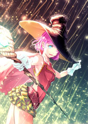 Rule 34 | 1girl, black hat, blue eyes, breasts, commentary request, dutch angle, from side, gem, gloves, hair over one eye, hand on headwear, hat, highres, holding, holding staff, light particles, looking at viewer, medium breasts, original, parted lips, pink hair, short hair, skirt, sleeveless, smile (qd4nsvik), solo, staff, standing, white gloves, witch hat