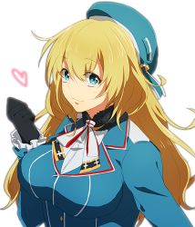 Rule 34 | 10s, 1girl, aqua eyes, atago (kancolle), black gloves, blonde hair, blue hat, breasts, gloves, hat, heart, kantai collection, long hair, looking at viewer, military, military uniform, personification, smile, solo, tukno, uniform, white background