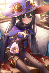 Rule 34 | 1girl, black hair, blush, bodystocking, book, book stack, breasts, brooch, capelet, chocolate, food, fur-trimmed capelet, fur trim, genshin impact, gold trim, green eyes, hat, highres, holding, holding chocolate, holding food, jewelry, leotard, long hair, looking at viewer, mona (genshin impact), nanamo yado, open mouth, pantyhose, pillow, revision, sitting, small breasts, solo, sparkle print, sunlight, thighlet, twintails, valentine, window, witch hat
