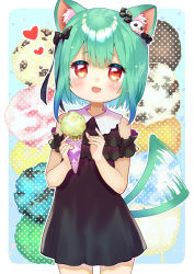 Rule 34 | 1girl, absurdres, animal ear fluff, animal ears, black bow, black dress, black ribbon, blush, bow, cat ears, cat tail, chocomarybadend, collar, dress, fang, food, green hair, green tail, hair ornament, hair ribbon, heart, highres, hololive, ice cream, motion lines, open mouth, red eyes, ribbon, short hair, skull hair ornament, solo, tail, tail wagging, uruha rushia, virtual youtuber, white collar