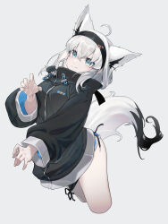 Rule 34 | 1girl, absurdres, ahoge, animal ear fluff, animal ears, arched back, black hairband, black jacket, black shirt, blue eyes, blue shorts, claw pose, closed mouth, commentary, crossed bangs, dolphin shorts, fox ears, fox girl, fox tail, hair between eyes, hair over shoulder, hairband, highres, hololive, hood, hooded jacket, jacket, light smile, long hair, long sleeves, looking at viewer, micro shorts, official alternate costume, pentagram, shirakami fubuki, shirakami fubuki (7th costume), shirt, shorts, side-tie shirt, sidelocks, simple background, solo, standing, tail, toga (toganawa), virtual youtuber, white background, white hair