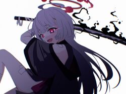 Rule 34 | 1girl, absurdres, ahoge, bare shoulders, blue archive, detached sleeves, evil smile, glowing, glowing eyes, grey hair, grey sleeves, halo, highres, holding, holding sword, holding weapon, japanese clothes, katana, kiroshi, long hair, open mouth, red eyes, red halo, shuro (blue archive), simple background, smile, solo, sword, weapon, white background