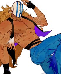 Rule 34 | 1boy, abs, absurdres, arm up, bara, bare pectorals, blonde hair, cowboy shot, cowboy western, dark-skinned male, dark skin, denim, facial hair, facial hair through mask, facing viewer, goatee, highres, hockey mask, jeans, killer (one piece), large pectorals, long hair, male focus, mask, muscular, muscular male, navel, nipples, one piece, pants, pectorals, solo, stomach, v-taper, wesaier