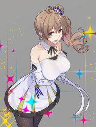 Rule 34 | 1girl, arms under breasts, black pantyhose, black ribbon, breasts, brown eyes, cevio, commentary, cowboy shot, detached collar, dress, elbow gloves, gloves, grey background, hair bun, highres, kuz, large breasts, leaning forward, light brown hair, long hair, looking at viewer, neck ribbon, open mouth, pantyhose, ribbon, satou sasara, side ponytail, single hair bun, smile, solo, sparkle, strapless, strapless dress, white dress, white gloves