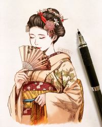 Rule 34 | 1girl, art tools in frame, artist name, bad id, bad twitter id, blush, brown hair, brown kimono, clivenzu, closed eyes, closed mouth, commentary, daisy, english commentary, eyeshadow, flower, folding fan, geisha, graphite (medium), hair flower, hair ornament, hairpin, hand fan, hand up, highres, holding, holding fan, japanese clothes, kimono, lipstick, maiko katsuna, makeup, mechanical pencil, mixed media, obi, original, pencil, photo (medium), pink flower, real life, red lips, red sash, sash, smile, solo, traditional media, twitter username, upper body, white flower, yellow sash