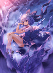 Rule 34 | 1girl, absurdres, bad id, bad pixiv id, bare legs, blue bow, blue dress, blue eyes, blue hair, bow, brown footwear, cirno, dress, full body, hair bow, highres, ice, ice wings, light particles, lo-ta, looking at viewer, mary janes, outdoors, red ribbon, revision, ribbon, shoes, short hair, short sleeves, socks, solo, sunlight, touhou, white socks, wind, wings