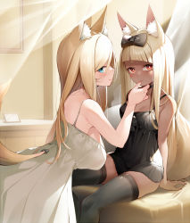 Rule 34 | 2girls, animal ear fluff, animal ears, bare arms, bare shoulders, black bow, black dress, blonde hair, blue eyes, bow, breasts, closed mouth, clothing cutout, commentary request, curtains, dark-skinned female, dark skin, dress, feet out of frame, fox ears, fox girl, fox tail, grey legwear, hair bow, highres, long hair, medium breasts, multiple girls, nail polish, nekomu, original, profile, red eyes, red nails, short eyebrows, sitting, smile, sundress, tail, tail through clothes, thick eyebrows, thighhighs, transparent, very long hair, white dress, yuri