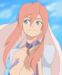 Rule 34 | 00s, 1girl, birdy cephon altera, bodysuit, breasts, choker, cleavage, collarbone, dyed bangs, female focus, green eyes, hair between eyes, hair ornament, large breasts, long hair, looking to the side, multicolored hair, nana g, neck, pink hair, sky, slit pupils, smile, solo, tetsuwan birdy, tetsuwan birdy decode, two-tone hair, upper body, white hair, wind, wind lift