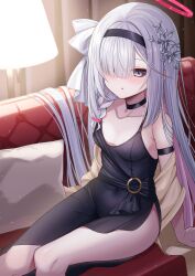 Rule 34 | 1girl, ass, black choker, black dress, black eyes, black hairband, blue archive, blush, breasts, choker, collarbone, colored inner hair, dress, feet out of frame, fukemachi, grey hair, hair over one eye, hairband, halo, highres, long hair, looking at viewer, multicolored hair, parted lips, pink hair, plana (blue archive), red halo, sitting, small breasts, solo