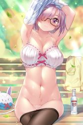 Rule 34 | 1girl, armpits, arms behind head, arms up, bare shoulders, bench, blush, bottle, bottomless, bra, breasts, cleavage, closed mouth, clothes lift, clothes pull, collarbone, fate/grand order, fate (series), glasses, hair over one eye, hamadamiku01, highres, hip focus, jacket, unworn jacket, large breasts, leaf, lens flare, light particles, light purple hair, looking at viewer, mash kyrielight, navel, no panties, pantyhose, pantyhose pull, purple eyes, shirt lift, short hair, sitting, solo, stomach, sunlight, sweater, underwear, white bra, yellow jacket