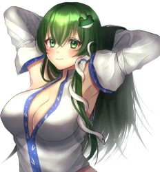 Rule 34 | 1girl, armpits, bloom, breasts, cleavage, closed mouth, commentary request, detached sleeves, frog hair ornament, green eyes, green hair, hair between eyes, hair flowing over, hair ornament, highres, kochiya sanae, large breasts, light smile, long hair, long sleeves, looking at viewer, midriff, one-hour drawing challenge, simple background, snake hair ornament, solo, touhou, upper body, very long hair, white background, yayoi maka