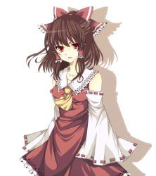 Rule 34 | 1girl, bad id, bad pixiv id, bow, brown hair, detached sleeves, female focus, hakurei reimu, japanese clothes, miko, momoko nitsuite, simple background, solo, touhou, white background