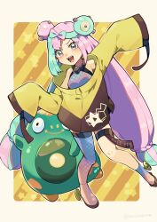 Rule 34 | 1girl, :d, bellibolt, bow-shaped hair, character hair ornament, commentary request, creatures (company), eyelashes, game freak, green hair, hair ornament, highres, iono (pokemon), jacket, knees, long hair, long sleeves, multicolored hair, nintendo, noboritoro, open mouth, pink hair, pokemon, pokemon (creature), pokemon sv, shirt, shoes, sleeveless, sleeveless shirt, sleeves past fingers, sleeves past wrists, smile, star (symbol), star print, teeth, thigh strap, tongue, twintails, two-tone hair, upper teeth only, yellow jacket
