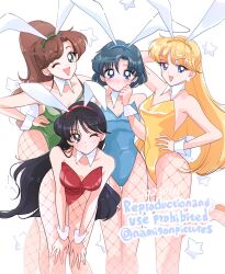 Rule 34 | 2023, 4girls, aino minako, alternate costume, animal ears, arm behind head, bare shoulders, bishoujo senshi sailor moon, black hair, blonde hair, blue eyes, blue hair, blue hairband, blue leotard, blush, breasts, brown hair, chinese zodiac, commentary request, dated, detached collar, earrings, embarrassed, fake animal ears, feet out of frame, female focus, fishnet pantyhose, fishnets, flower earrings, green eyes, green hairband, green leotard, grey eyes, hairband, hand on own hip, hand on own face, highres, hino rei, jewelry, kino makoto, leaning forward, leotard, long hair, looking at viewer, medium breasts, mizuno ami, multiple girls, namisonpictures, one eye closed, pantyhose, playboy bunny, pom pom (clothes), pom pom earrings, ponytail, rabbit ears, red hairband, red leotard, short hair, star (symbol), twitter username, watermark, white background, wink, wrist cuffs, year of the rabbit, yellow hairband, yellow leotard
