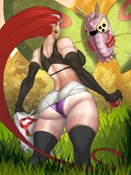 Rule 34 | 1girl, 1other, ass, black footwear, black tank top, boots, breasts, creatures (company), dustox, earrings, elbow gloves, feet out of frame, forest, from behind, game freak, gen 3 pokemon, gloves, hair slicked back, highres, huge ass, jessie (pokemon), jewelry, krezniverse, large breasts, long hair, miniskirt, nature, nintendo, outdoors, panties, pantylines, poke ball, pokemon, pokemon (anime), pokemon (creature), purple panties, red hair, single letter, skindentation, skirt, solo, standing, sweat, tank top, team rocket, team rocket uniform, thigh boots, underwear, unworn shirt, very long hair