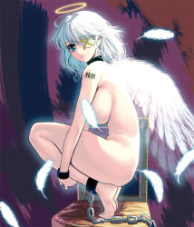 Rule 34 | 1girl, angel, barcode, barefoot, blue eyes, breasts, censored, chain, convenient censoring, cuffs, eyepatch, feathers, feet on chair, full body, halo, hugging own legs, kouno (masao), large breasts, monster girl, nude, original, parted lips, shackles, short hair, solo, squatting, tiptoes, white hair, wings