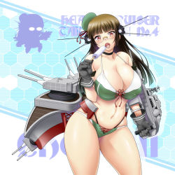 Rule 34 | 10s, 1girl, adapted costume, ayato, bad id, bad pixiv id, bare shoulders, bikini, black panties, blunt bangs, blush, breasts, brown hair, choker, choukai (kancolle), choukai kai ni (kancolle), cleavage, covered erect nipples, cowboy shot, curvy, food, glasses, gloves, grey gloves, groin, hair ornament, hat, headgear, highleg, highleg panties, huge breasts, kantai collection, large breasts, long hair, looking at viewer, machinery, navel, open mouth, panties, panties under panties, popsicle, red eyes, rimless eyewear, solo, swimsuit, thick thighs, thighs, tongue, tongue out, turret, underwear, wide hips