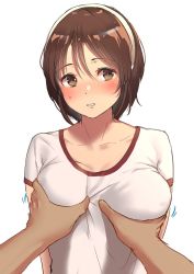Rule 34 | 1girl, blush, grabbing another&#039;s breast, brown eyes, brown hair, collarbone, commentary request, grabbing, hairband, highres, kantai collection, looking at viewer, natori (kancolle), parted lips, pov, satsuki neko, short hair, simple background, solo focus, upper body, very short hair, white background