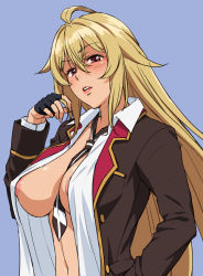 Rule 34 | 1girl, ahoge, areola slip, black necktie, blonde hair, blouse, blue background, breasts, collared shirt, dark-skinned female, dark skin, hair between eyes, hair flaps, head tilt, large breasts, long hair, long sleeves, looking at viewer, necktie, nigou, no bra, open clothes, open shirt, red eyes, shikishima mirei, shirt, simple background, solo, striped necktie, valkyrie drive, very long hair, white shirt