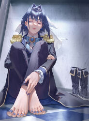 Rule 34 | 1girl, alternate costume, barefoot, blue bow, blue bowtie, blue hair, blue jacket, blue nails, blue pants, blush, boots, bow, bowtie, closed eyes, closed mouth, collared shirt, commentary, crossed legs, earrings, english commentary, epaulettes, eyelashes, feet, foot focus, frilled sleeves, frills, full body, gold trim, hair intakes, highres, hololive, hololive english, indoors, jacket, jewelry, knees up, legs, lips, long sleeves, looking at viewer, medium hair, nail polish, on ground, ouro kronii, pants, shadow, shirt, sidelocks, sitting, solo, tight (ohmygod), tile floor, tiles, toenail polish, toenails, toes, unworn boots, veil, virtual youtuber