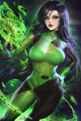 Rule 34 | 1girl, asymmetrical gloves, black bodysuit, black gloves, black hair, bodysuit, bra, breasts, commentary, english commentary, fire, freckles, gloves, green bodysuit, green eyes, green fire, green gloves, hand on own hip, highres, kim possible (series), large breasts, long hair, medium breasts, mismatched gloves, mixed-language commentary, neoartcore, patreon username, purple lips, see-through, shego, solo, thai commentary, two-tone bodysuit, underwear, watermark