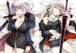 Rule 34 | 2girls, ahoge, artoria pendragon (all), artoria pendragon (fate), bed sheet, belt, black dress, black jacket, blonde hair, blue jacket, breasts, coat, commentary request, cowboy shot, dress, fate/grand order, fate (series), full-length zipper, fur-trimmed coat, fur-trimmed jacket, fur-trimmed sleeves, fur collar, fur trim, hair ribbon, ichitaka, jacket, jeanne d&#039;arc (fate), jeanne d&#039;arc (ruler) (fate), jeanne d&#039;arc alter (fate), jeanne d&#039;arc alter (ver. shinjuku 1999) (fate), jewelry, lying, multiple girls, necklace, official alternate costume, on back, open clothes, open coat, open jacket, ribbon, saber alter, saber alter (ver. shinjuku 1999) (fate), short dress, shorts, silver hair, sword, tank top, weapon, wicked dragon witch ver. shinjuku 1999, yellow eyes, zipper