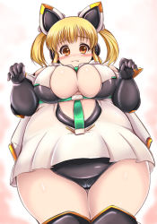 Rule 34 | 1girl, animal ears, big belly, blush, breasts, cat ears, cleavage, cosplay, elbow gloves, fat, frown, gene (pso2), gene (pso2) (cosplay), gloves, headphones, highres, kurokaze no sora, large breasts, looking at viewer, mechanical ears, nitroplus, nose blush, obese, orange hair, paw pose, phantasy star, phantasy star online 2, short hair, solo, super pochaco, thick arms, thighs, twintails