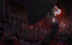 Rule 34 | 1girl, absurdres, bare shoulders, bat (animal), blonde hair, building, chinese commentary, detached sleeves, dress, duel monster, feet out of frame, fence, flower, frilled dress, frills, from side, full moon, gradient hair, highres, holding, holding umbrella, long dress, long hair, moon, multicolored hair, night, outdoors, red eyes, red hair, red sky, rose, scar, scar across eye, scar on face, sky, solo, umbrella, vampire fraulein, walking, yu-gi-oh!, yuanhe mx
