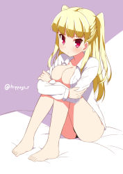 Rule 34 | 1girl, blonde hair, breast press, breasts, dress shirt, hoppege, large breasts, long hair, no pants, open clothes, open shirt, panties, shirt, sitting, solo, tokyo 7th sisters, two side up, uesugi u. kyouko, underwear