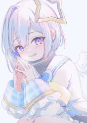 Rule 34 | 1girl, :d, absurdres, amane kanata, amane kanata (1st costume), angel, angel wings, armband, blue hair, blush, bob cut, colored inner hair, commentary, elbows on knees, feathered wings, from side, gingham, gradient eyes, halo, highres, hololive, long sleeves, looking at viewer, looking to the side, mini wings, multicolored eyes, multicolored hair, open mouth, own hands together, parted lips, pink eyes, pink hair, purple eyes, riy 777 iro, sailor collar, shirt, short hair, simple background, single hair intake, sketch, smile, solo, squatting, star halo, steepled fingers, streaked hair, upper body, virtual youtuber, white background, white hair, white sailor collar, white shirt, white wings, wings, yellow armband