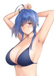 Rule 34 | 1girl, ahoge, armpits, arms up, azur lane, bikini, blue bikini, blue hair, breasts, cleavage, closed mouth, commentary request, haru (hr works), highres, large breasts, looking to the side, low tied hair, low twintails, pink eyes, sidelocks, smile, st. louis (azur lane), swimsuit, twintails, white background