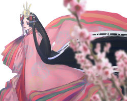Rule 34 | 1girl, absurdly long hair, black hair, blurry, brown eyes, cherry blossoms, depth of field, flower, hair ornament, japanese clothes, kimono, layered clothes, layered kimono, long hair, original, sakamoto mineji, solo, traditional clothes, very long hair