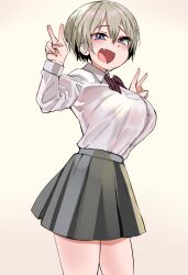 Rule 34 | 1girl, blue eyes, blush, bow, bowtie, breast pocket, breasts, commentary request, cowboy shot, double v, dress shirt, fang, from side, gradient background, grey hair, grey skirt, hair between eyes, hands up, high-waist skirt, highres, korean commentary, large breasts, long sleeves, looking at viewer, looking to the side, mixed-language commentary, open mouth, partial commentary, plaid, plaid bow, plaid bowtie, pleated skirt, pocket, purple bow, purple bowtie, raised eyebrows, school uniform, shirt, short hair, skirt, smile, solo, standing, torpedo (gad3757), uzaki-chan wa asobitai!, uzaki hana, v, very short hair, white background, white shirt
