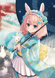 Rule 34 | 1girl, animal ears, blue bow, blue eyes, blue flower, blue hairband, blue kimono, blue umbrella, blurry, blurry background, bow, chinese zodiac, closed mouth, commentary request, depth of field, floral print, flower, frilled hairband, frills, hair bow, hair flower, hair ornament, hairband, highres, holding, holding umbrella, japanese clothes, kimono, lolita fashion, long sleeves, looking at viewer, obi, oil-paper umbrella, original, pink hair, pleated skirt, print kimono, rabbit ears, rino cnc, sash, skirt, smile, solo, twintails, umbrella, wa lolita, white skirt, wide sleeves, year of the rabbit, yellow bow