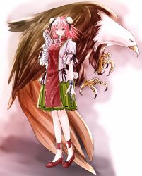 Rule 34 | 1girl, anklet, bandaged arm, bandages, bird, blouse, chain, cuffs, double bun, eagle, flower, footwear ribbon, full body, gradient background, hair bun, hand in own hair, highres, ibaraki kasen, jewelry, looking at viewer, nyago, pink eyes, pink flower, pink hair, pink rose, rose, shackles, shirt, short hair, short sleeves, skirt, solo, standing, tabard, talons, touhou