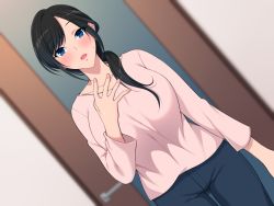 Rule 34 | 1girl, :o, arm at side, black hair, blue eyes, blurry, blurry background, blush, breasts, door, dutch angle, embarrassed, female focus, groin, hair over shoulder, hand on own chest, hand up, highres, indoors, kitsuneyane, large breasts, legs, long hair, looking at viewer, low ponytail, original, pants, parted lips, pink shirt, shirt, solo, standing, sweatdrop, thigh gap, thighs