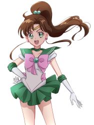 Rule 34 | 1girl, :d, back bow, bishoujo senshi sailor moon, blush, bow, brown hair, choker, commentary request, earrings, elbow gloves, eyelashes, flower, flower earrings, fpminnie1, gloves, green choker, green eyes, green sailor collar, green skirt, hair bobbles, hair ornament, happy, highres, jewelry, kino makoto, long hair, looking at viewer, magical girl, open mouth, pink bow, ponytail, sailor collar, sailor jupiter, sailor senshi, sailor senshi uniform, simple background, sketch, skirt, smile, solo, standing, tiara, white background, white gloves