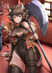 Rule 34 | 1girl, armor, axe, bare shoulders, blush, breasts, brown hair, cherry blossoms, chinese zodiac, cleavage, cleavage cutout, clothing cutout, covered navel, cow girl, cow horns, cow tail, crack, cracked wall, earrings, fingernails, flower, fur trim, heart, heart cutout, highres, holding, holding axe, horns, indoors, jewelry, jojobirdz, leotard, light blush, looking at viewer, nengajou, new year, original, over shoulder, parted lips, pauldrons, pink flower, pointy ears, ring, scratches, short hair, shoulder armor, single bare shoulder, single pauldron, sitting, skindentation, solo, tail, thighhighs, vase, weapon, weapon over shoulder, window, year of the ox, yellow eyes