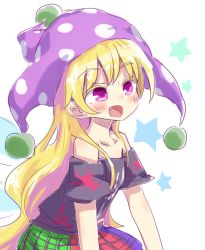 Rule 34 | bare shoulders, black shirt, blonde hair, clownpiece, cosplay, fairy wings, fang, hat, hecatia lapislazuli, hecatia lapislazuli (cosplay), jester cap, kumamoto (bbtonhk2), long hair, multicolored clothes, multicolored skirt, off-shoulder shirt, off shoulder, open mouth, pink eyes, pink hat, polka dot, shirt, simple background, sketch, skirt, smile, star (symbol), t-shirt, touhou, wavy hair, white background, wings