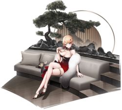 Rule 34 | 1girl, animal, azur lane, black footwear, blonde hair, blue eyes, breasts, cleavage, cleavage cutout, closed mouth, clothing cutout, couch, crossed legs, dress, earrings, feather boa, ferret, halter dress, halterneck, hand up, high heels, highres, howe (azur lane), howe (evening marvels) (azur lane), jewelry, large breasts, long hair, looking at viewer, official art, on couch, pillow, pumps, shoes, short dress, sitting, snow is, solo, stairs, stiletto heels, thighlet, tight clothes, tight dress, transparent background, underboob cutout