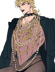 Rule 34 | 1boy, abs, black coat, black lips, blonde hair, coat, collar, commentary request, dio brando, earrings, highres, jewelry, jojo no kimyou na bouken, long hair, long sleeves, looking at viewer, male focus, multiple necklaces, muscular, muscular male, necklace, pectorals, photo-referenced, see-through, shenshan laolin, simple background, sitting, smile, solo, spiked collar, spikes, stardust crusaders, white background, yellow eyes