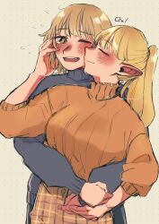 Rule 34 | 2girls, blonde hair, blue sweater, blush, brown hair, brown skirt, closed eyes, closed mouth, commentary request, dungeon meshi, elf, falin touden, falin touden (tallman), fang, flying sweatdrops, grey background, hand on another&#039;s face, hands on another&#039;s waist, highres, holding hands, hug, hug from behind, imudegozaimasu, kiss, kissing cheek, long sleeves, marcille donato, multiple girls, one eye closed, open mouth, orange eyes, orange shirt, plaid, plaid skirt, pointy ears, ponytail, shirt, short hair, skirt, smile, sweater, yuri