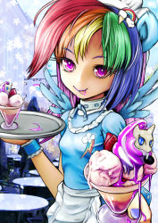 Rule 34 | 1girl, :p, animal ears, apron, cameo, fingernails, fluttershy, food, fruit, glass, hair ornament, highres, ice cream, long hair, looking at viewer, maid headdress, makeup, multicolored hair, my little pony, my little pony: friendship is magic, nail, nail polish, parted bangs, personification, puffy short sleeves, puffy sleeves, purple eyes, purple nails, rainbow, rainbow dash, rarity (my little pony), short sleeves, skyshek, smile, solo, strawberry, sundae, table, tongue, tongue out, tray, upper body, waist apron, waiter, wings