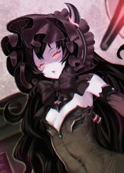 Rule 34 | 10s, 1girl, abyssal ship, black hair, bonnet, bow, breasts, chromatic aberration, covered navel, detached sleeves, dress, glowing, glowing eyes, gothic lolita, horns, isolated island oni, isolated island princess, kantai collection, lolita fashion, long hair, looking at viewer, matanonki, parted lips, red eyes, small breasts, solo, very long hair