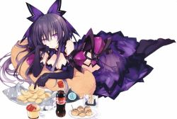 Rule 34 | 10s, 1girl, bottle, breasts, chips (food), cleavage, coke bottle, dark persona, date a live, dress, elbow gloves, food, gloves, looking at viewer, lying, md5 mismatch, on stomach, pillow, potato chips, purple eyes, purple hair, resized, see-through, simple background, solo, tsunako, white background, yatogami tooka, yatogami tooka (true form)