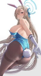 Rule 34 | 1girl, animal ears, ass, asuna (blue archive), asuna (bunny) (blue archive), asymmetrical bangs, bare arms, bare shoulders, blue archive, blue eyes, blue leotard, blush, breasts, brown hair, brown pantyhose, elbow gloves, fake animal ears, fake tail, from behind, gloves, grey background, grin, hair ornament, hairband, halo, highres, large breasts, leotard, long hair, looking back, official alternate costume, pantyhose, parted lips, playboy bunny, rabbit ears, rabbit tail, sideboob, silver bullet (ecc12 8), simple background, smile, solo, strapless, strapless leotard, tail, teeth, thighband pantyhose, thighs, white gloves, white hairband